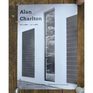 Exhibition poster for Alan Charlton at Museum Kurhaus Kleve featuring two vertical stacks of grey modular canvas panels framing a tall gallery window overlooking lush green trees.