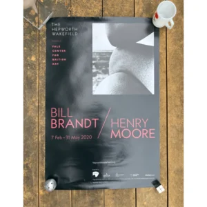 Exhibition poster for Bill Brandt and Henry Moore at The Hepworth Wakefield featuring a black and white photograph of abstract organic human and stone shapes on a dark grey background with pink typography.