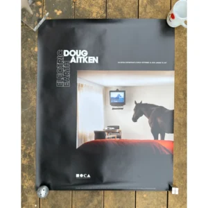 Exhibition poster for Doug Aitken: Electric Earth at MOCA featuring a still of a dark horse standing inside a motel room next to a television showing a natural landscape.