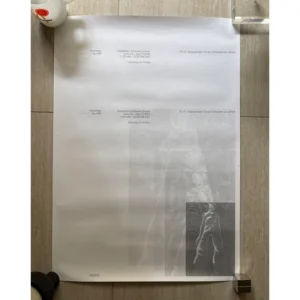 Minimalist exhibition poster for Drawings by EIM at Kasina Dosan featuring translucent layered anime-style sketches and silver-grey line art on a stark white background.