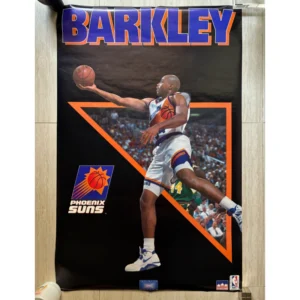 Vintage Starline Infinity Series official NBA poster featuring Charles Barkley in a white Phoenix Suns uniform leaping out of an orange triangle frame against a black background with bold blue typography.