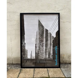 Official Bauhaus-Archiv Berlin poster featuring Mies van der Rohe's 1921 iconic Friedrichstrasse Skyscraper architectural montage, available unframed or framed in a black solid wooden frame.