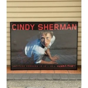 Official Cindy Sherman Untitled Horrors exhibition poster from Moderna Museet featuring a crawling figure in a white shirt, framed in a black aluminum frame, measuring 70x100cm