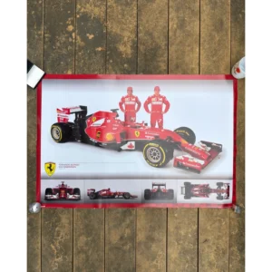Official Scuderia Ferrari 2014 F1 poster featuring drivers Fernando Alonso and Kimi Raikkonen standing behind the F14 T race car, with a four-panel multi-angle view along the bottom and Ferrari shield logo.