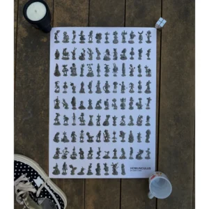 Official art poster for Gary Card's Homunculus exhibition, featuring a grid of small grey sculpted whimsical character figures on a white background, measuring 59.5x42cm.