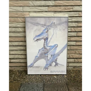 Framed official Hajime Sorayama artwork poster featuring a metallic Mechanical Pteranodon dinosaur with reflective chrome shading in a sleek aluminum frame.