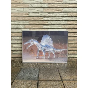 Framed official Hajime Sorayama artwork poster featuring a metallic Mechanical Spinosaurus dinosaur with reflective chrome shading and sail-like back fin in a sleek aluminum frame.