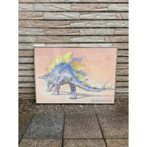 Framed official Hajime Sorayama artwork poster featuring a metallic Mechanical Stegosaurus dinosaur with yellow dorsal plates and a stealth bomber aircraft in a sleek aluminum frame.