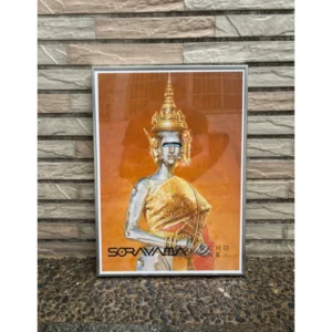 Official exhibition poster by Hajime Sorayama titled Sawasdee Sexy Robot featuring a metallic chrome robot dressed in traditional golden Thai attire and elaborate crown against an orange background.