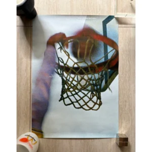 Official 2022 Slam Jam x Nike Air Force 1 promotional poster photographed by Julian Klincewicz featuring a grainy analogue shot of a basketball going through a net.