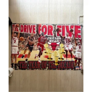 Vintage Starline official NBA poster titled The Drive for Five featuring Chicago Bulls players Michael Jordan, Scottie Pippen, Dennis Rodman, Toni Kukoc, and Ron Harper with championship trophies.