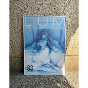 Official vintage 1988 Urusei Yatsura poster featuring Lum in a white dress against a blue-toned background, framed in a white slim aluminum frame, measuring 51.5x72.5cm.