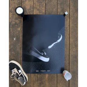 Official double-sided art poster for Stepney Workers Club x Goodhood 'S-Strike' collaboration shot by eye_C magazine, featuring a horizontal close-up profile of polka dot sneakers on one side, and a vertical high-angle editorial shot on the reverse, measuring 70x50.5cm.